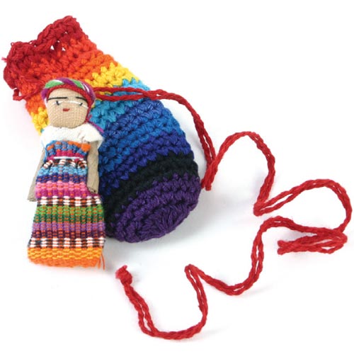 Worry doll in small crochet bag