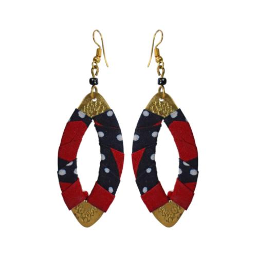 Earrings, brass & fabric, shield shape, red & black 6 x 3cm