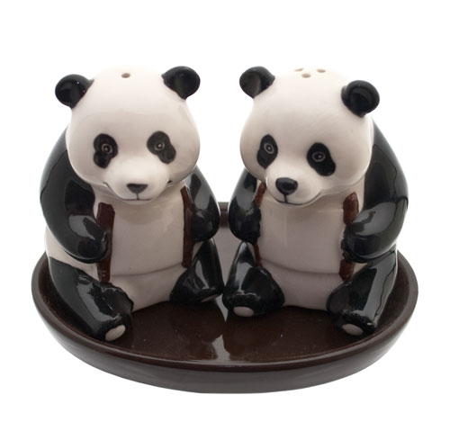 Pandas ceramic cruet set on tray salt & pepper pots shakers hand painted