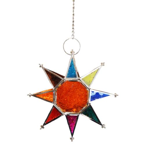 Lantern Tea Light Holder Hanging Star Recycled Glass, Orange Centre 20cm