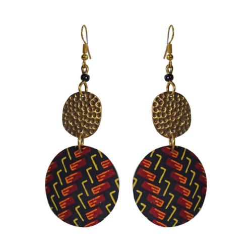 Earrings, brass & fabric, circular shape, double drop black & red 7 x 3.5cm