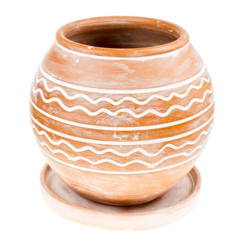 Terracotta plant pot with saucer, wave pattern