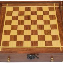 Luxury sheesham wooden chess set, lid to protect board, pieces in drawer 27x27x7
