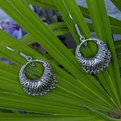 Earrings folk style silver colour circle hanging beads