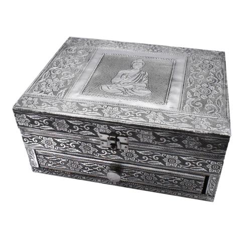 Jewellery box with drawer, aluminium Buddha design, 23x10x18cm