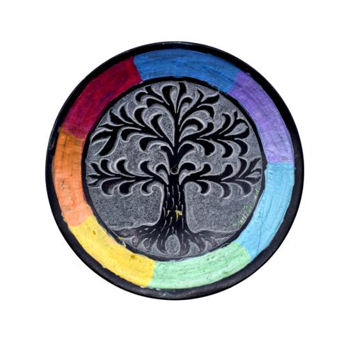 Incense Bowl, Soapstone, Tree of Life + Rainbow Colours 10cm diameter