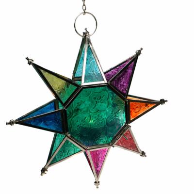 Lantern tea light holder hanging star multicoloured recycled glass 26cm diameter