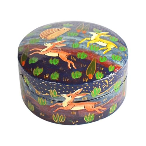 Round Trinket Box, woodland animals, papier mâché, 8cm