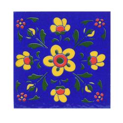 Single square ceramic coaster floral yellow on dark blue 10cm