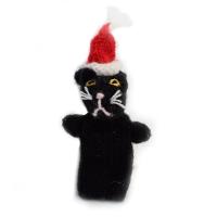 Finger puppet, black cat with Christmas hat