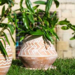 Terracotta plant pot with saucer, zigzag pattern