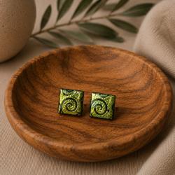 Ear studs, glass ‘Allegra Aros Dichroic’ square green spirals 0.7 x 0.7cms
