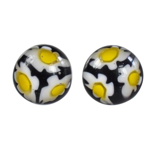 Ear studs, ‘Millefiori’ glass black, white and yellow round 1cm diameter