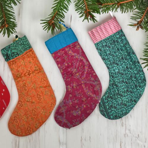 Christmas stocking, recycled sari silk, assorted colours