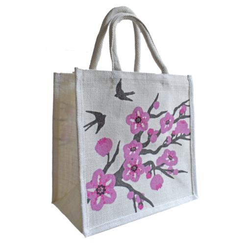 Jute shopping bag, square, cherry tree with swallows