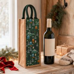 Jute Bottle Gift Bag, Winter Scene 10x36cm