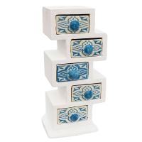 Wooden mini chest blue & white, 5 ceramic drawers
