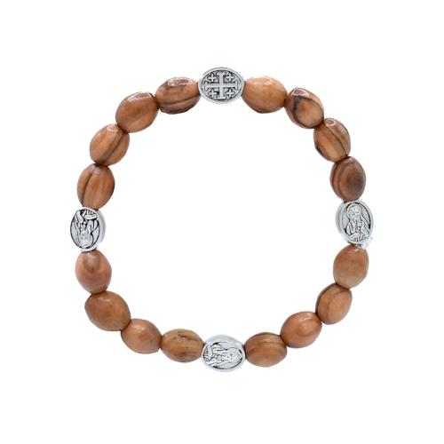 Bracelet olive wood beads with Mary and cross discs
