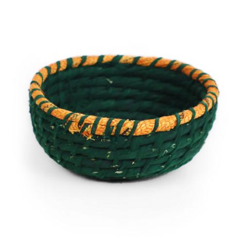 Round basket, recycled sari material and kaisa grass green 15x7cm