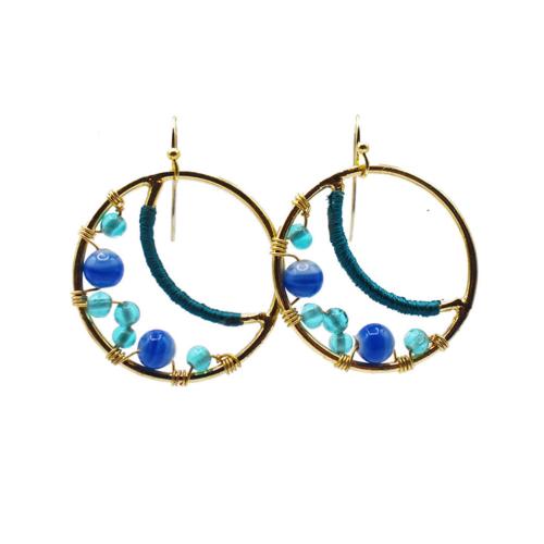 Earrings gold colour circle with blue + turquoise beads 