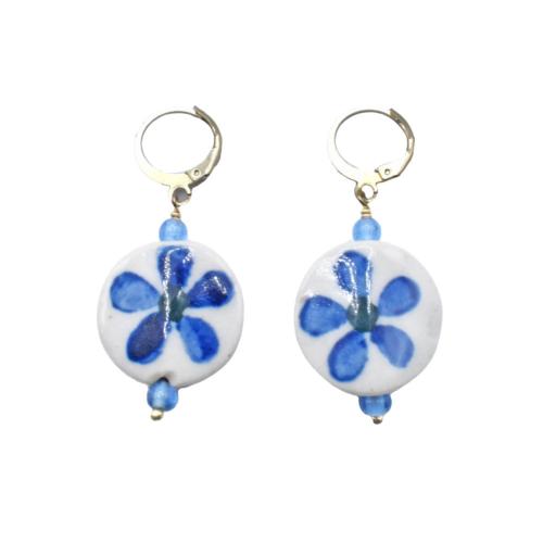 Earrings Ceramic Circle Blue Flower on White