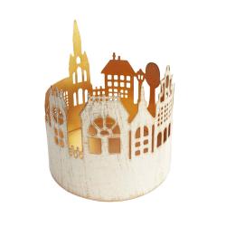 T-lite Candle Holder Whitewashed Metal Village Scene 10x11cm