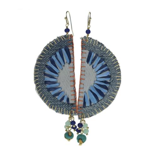 Earrings recycled denim jeans, half circle with stripes in centre