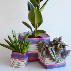 Planter plant holder recycled plastic cement bags, pink blue stripes 15x15x15cm