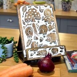 Recipe book stand, mango wood, carved mushroom and hedgehog design