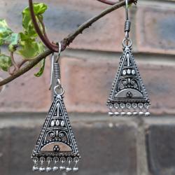Earrings folk style silver colour triangle hanging beads