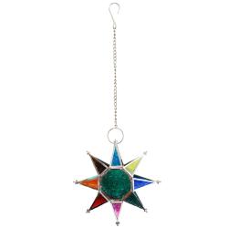 Lantern Tea Light Holder Hanging Star Recycled Glass, Green Centre 20cm