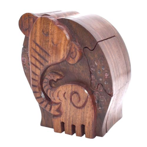 Elephants Puzzle Trinket Box Hand Carved Sheesham Wood Fair Trade 10x9x6cm