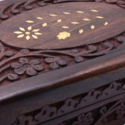 Jewellery/Trinket box, Sheesham Wood Floral Carved + Brass Inlay 20.25x12.5cm