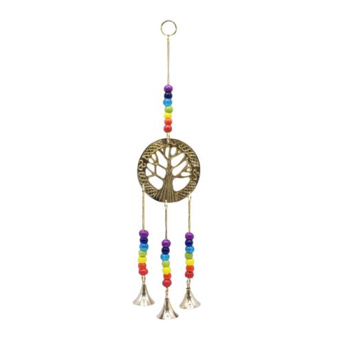 Hanging windchime with Chakra Beads, Tree of Life in circle, recycled brass 8 x 32cm