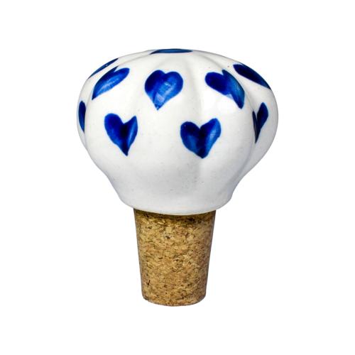 Cork wine bottle stopper, scalloped, blue hearts