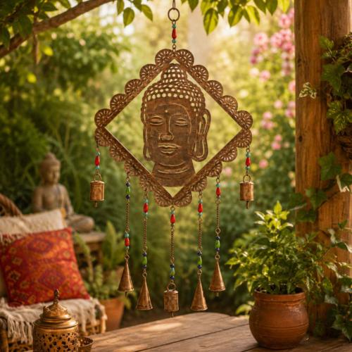 Hanging Windchime Buddha Recycled Metal 70cm