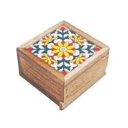 Secret Lock Box Mango Wood with Tile - Floral on White