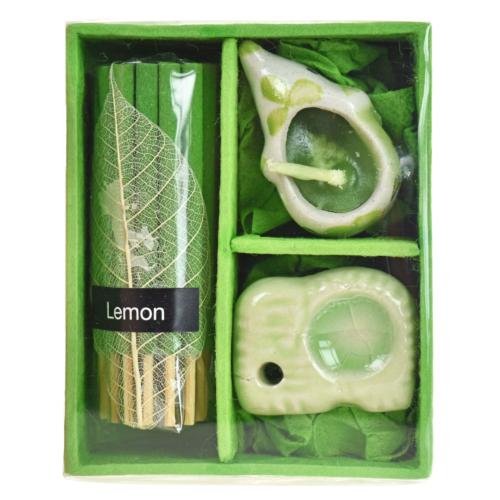 Lemon incense and candle giftset with elephant shaped t-light, 8.5 x 7 x 4cm