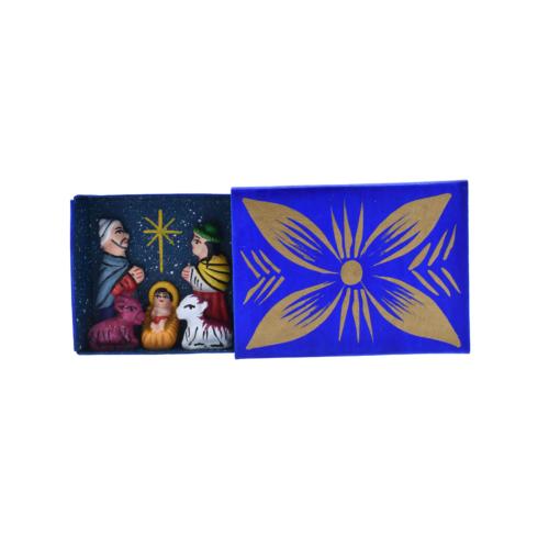 Nativity in a Matchbox, 3 Ceramic Pieces in Blue & Gold Box