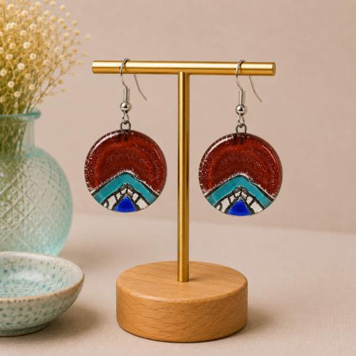 Earrings, glass round red, blue, and white 2cm diameter