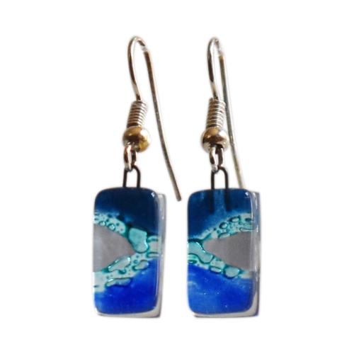 Earrings glass ‘Patagonia’ short rectangular dangle, blue and white 1.3 x 0.7cms