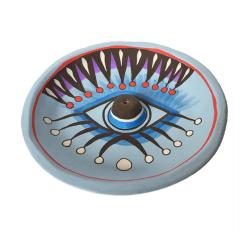 Incense holder/ashcatcher round, painted clay eye design