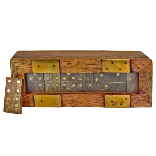 Dominoes Set in Box Hinged Lid Hand Carved Eco Mango Wood 15.5x4.5x5.5