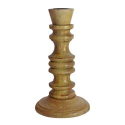 Candlestick/holder hand carved eco-friendly mango wood natural colour 18.5cm height