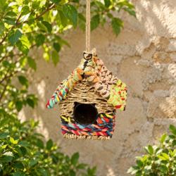 Birdhouse, recycled fabric, in the shape of a house, 16x16x17cm, made in India