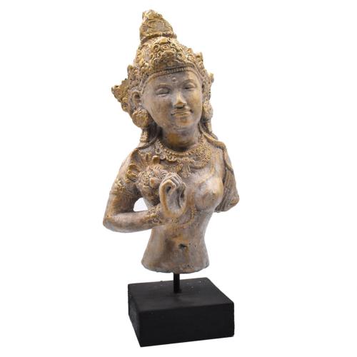 Dewi Tara Goddess, sandstone on wooden stand 33cm height