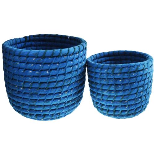 Set of 2 round grass baskets, blue