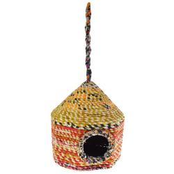 Bird house recycled sari material on frame teepee shape 13x17x13cm