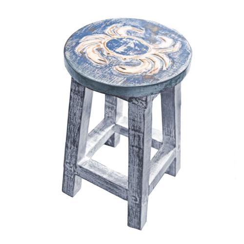 Stool Albesia Wood Crab Design Top Blue washed 25 x 39cm