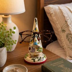 Spectacle Stand Holder Hand Painted Wood Floral 8x8x16cm
